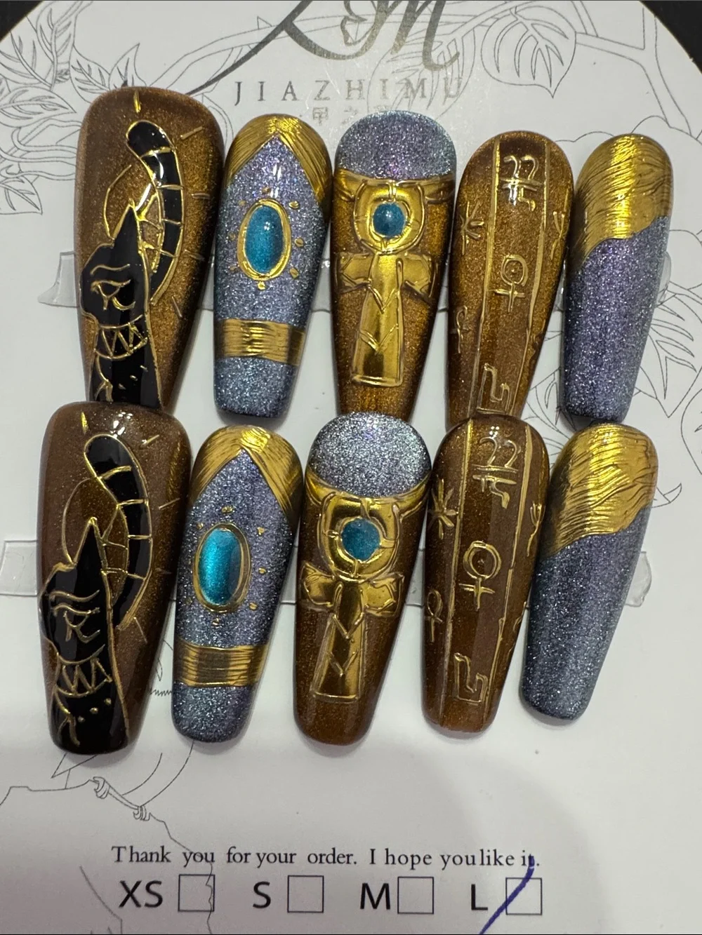 Egyptian Inspired Gold & Steel Blue Glitter Press-On Nail Set